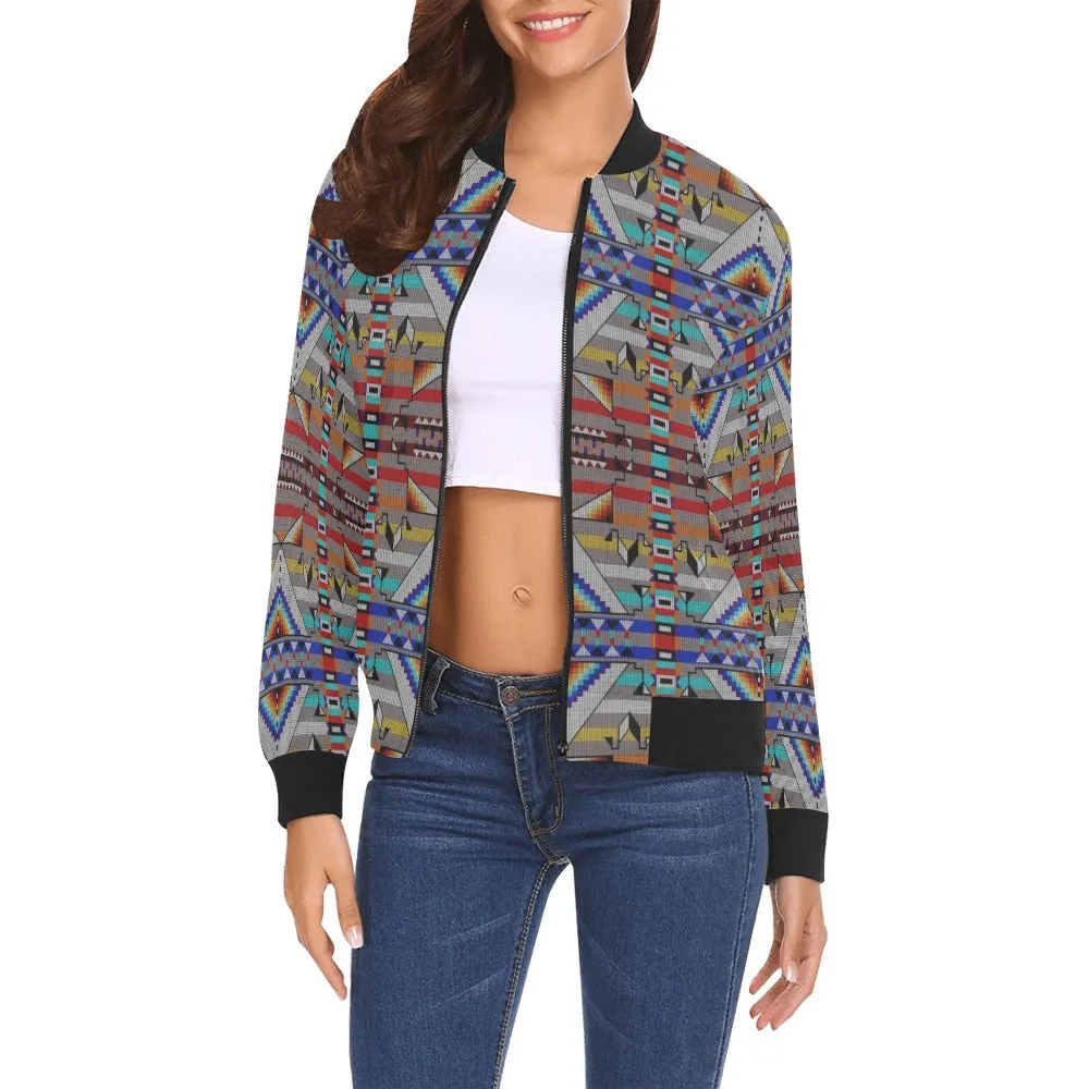 Medicine Blessing Grey All Over Print Bomber Jacket for Women