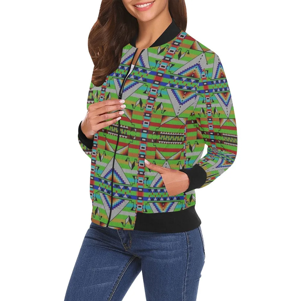 Medicine Blessing Lime Green All Over Print Bomber Jacket for Women