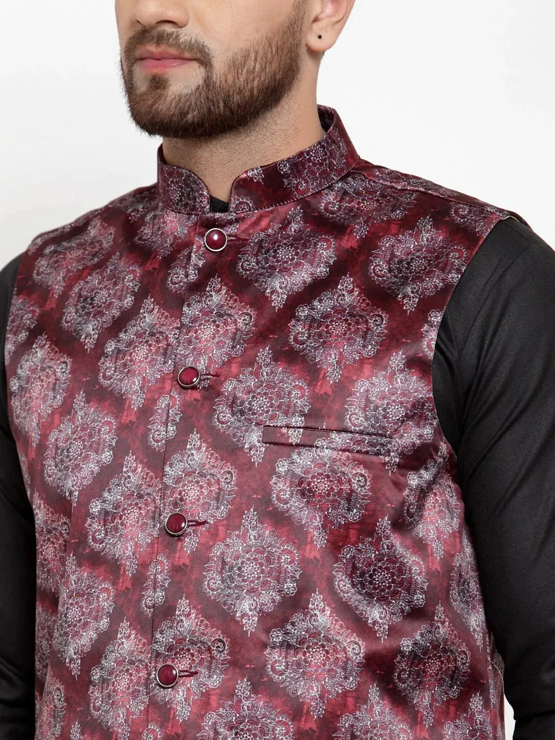 Men Maroon Printed Satin Nehru Jacket