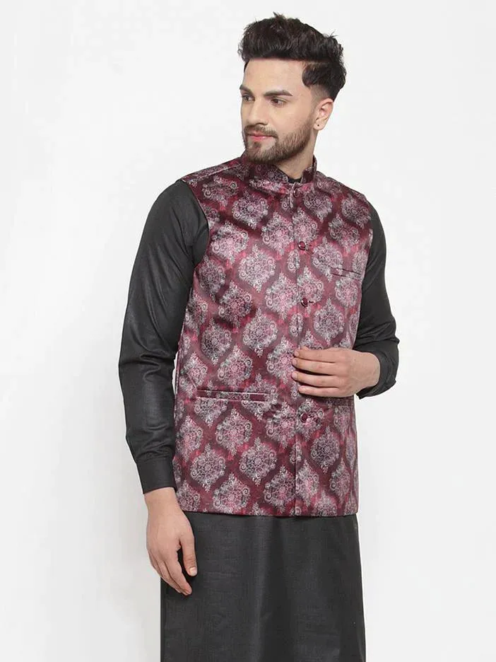 Men Maroon Printed Satin Nehru Jacket