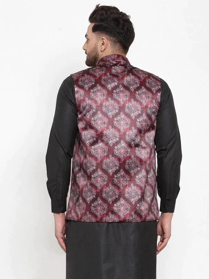 Men Maroon Printed Satin Nehru Jacket