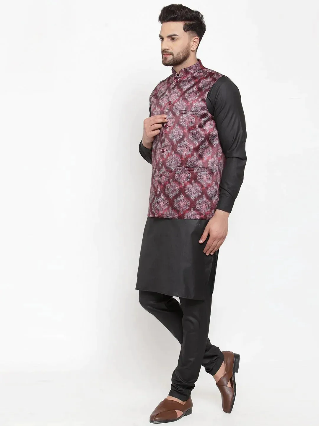 Men Maroon Printed Satin Nehru Jacket