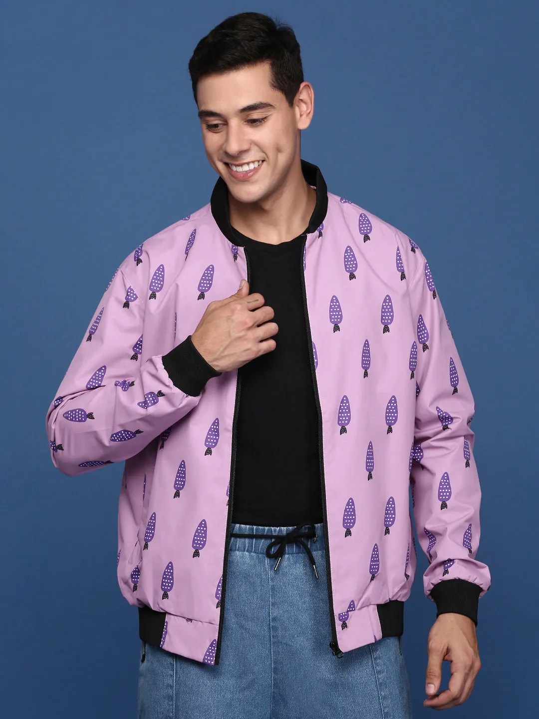 Men Printed Pink Bomber Jacket