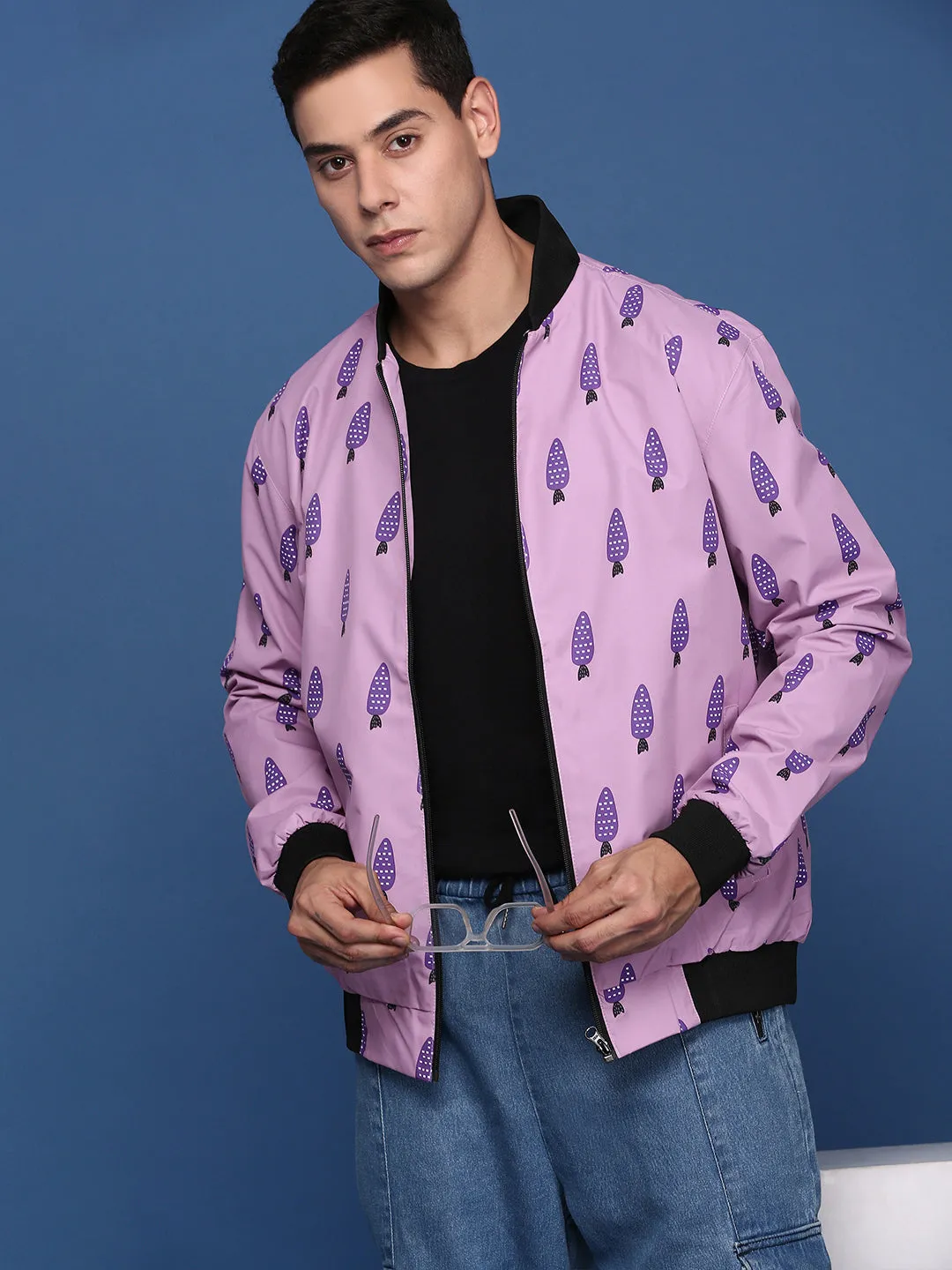 Men Printed Pink Bomber Jacket