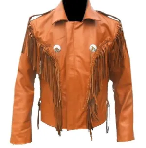 Men Tan Western Style Leather Jacket ,Cowboy Cowhide Leather Fringe Jacket