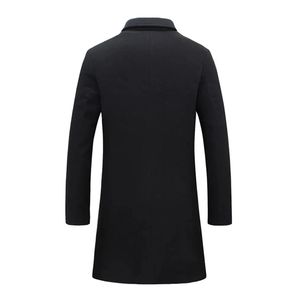 Men Woolen Jacket Solid Color Single-Breasted Lapel Long Coat Business Overcoat | D67