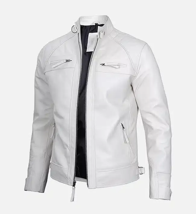 Men's Classic White Leather Cafe Racer Jacket