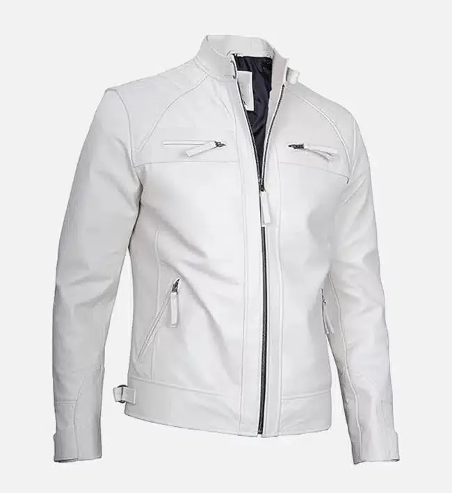 Men's Classic White Leather Cafe Racer Jacket