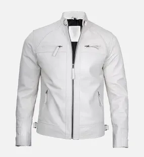 Men's Classic White Leather Cafe Racer Jacket