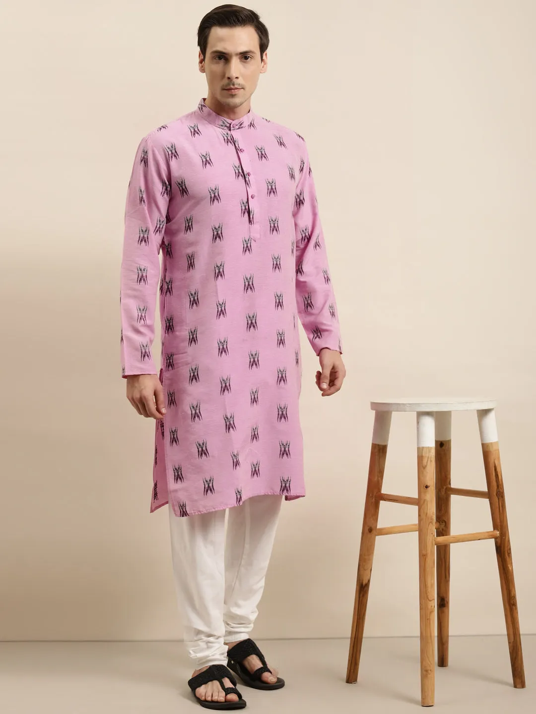 Men's Cotton Dark Pink & Black Kurta - Sojanya