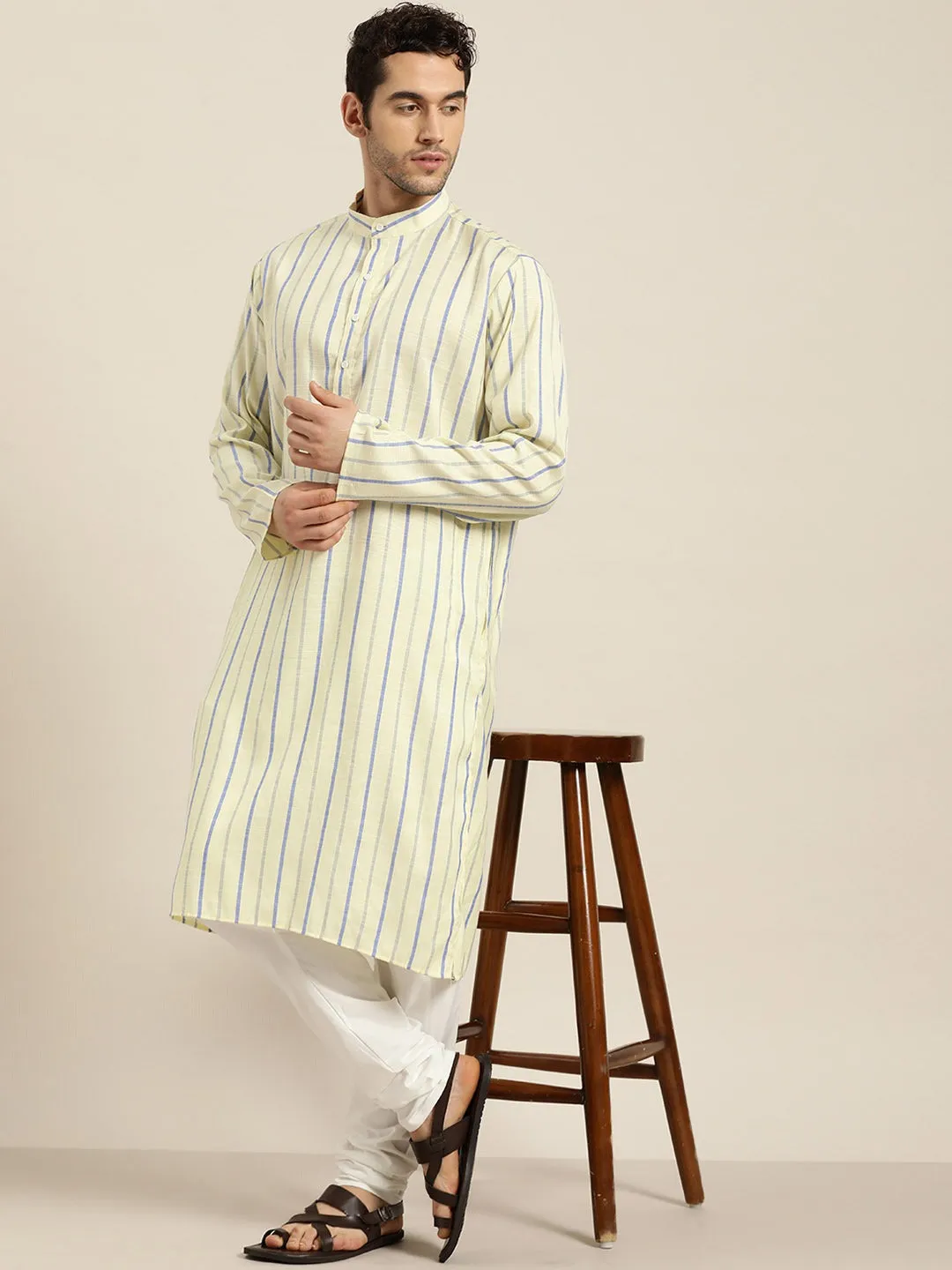 Men's Cotton Lemon Yellow Kurta & White Churidar Pyjama Set - Sojanya