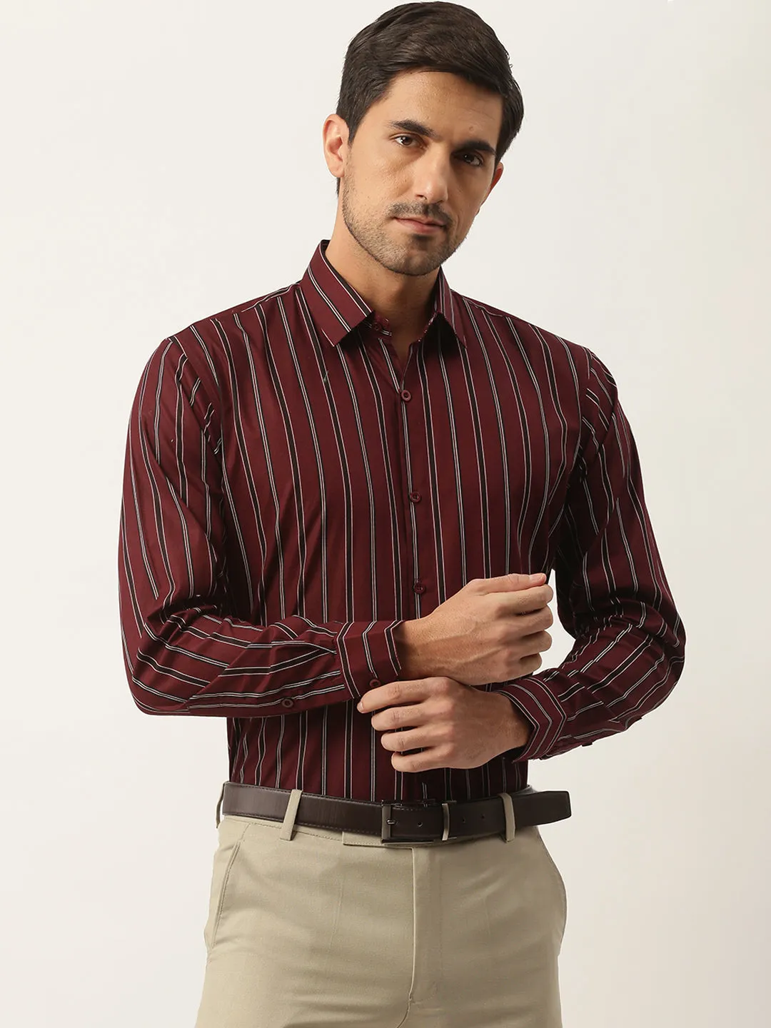 Mens Cotton Maroon & Black Stripe Formal Shirt - Sojanya