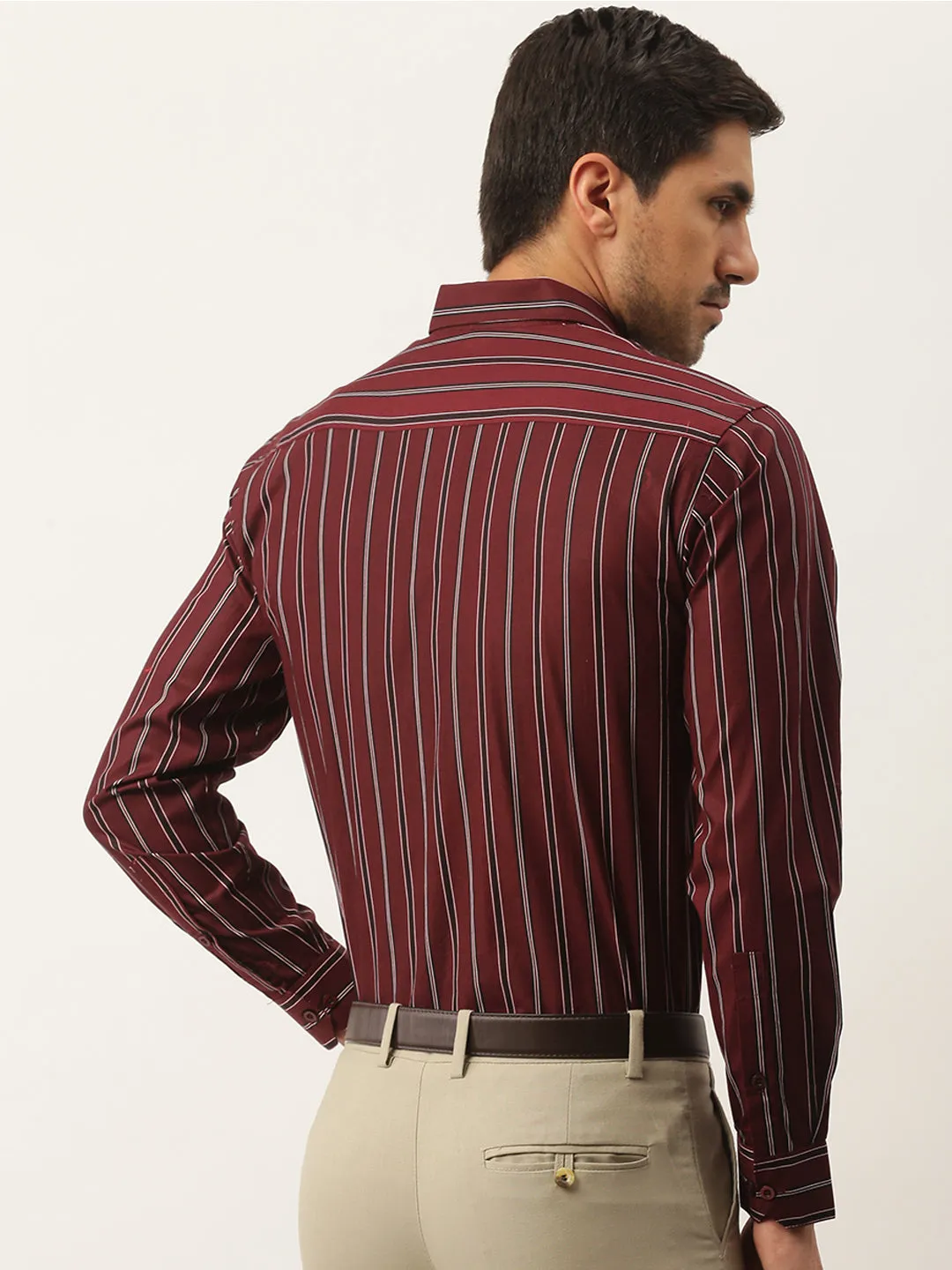 Mens Cotton Maroon & Black Stripe Formal Shirt - Sojanya