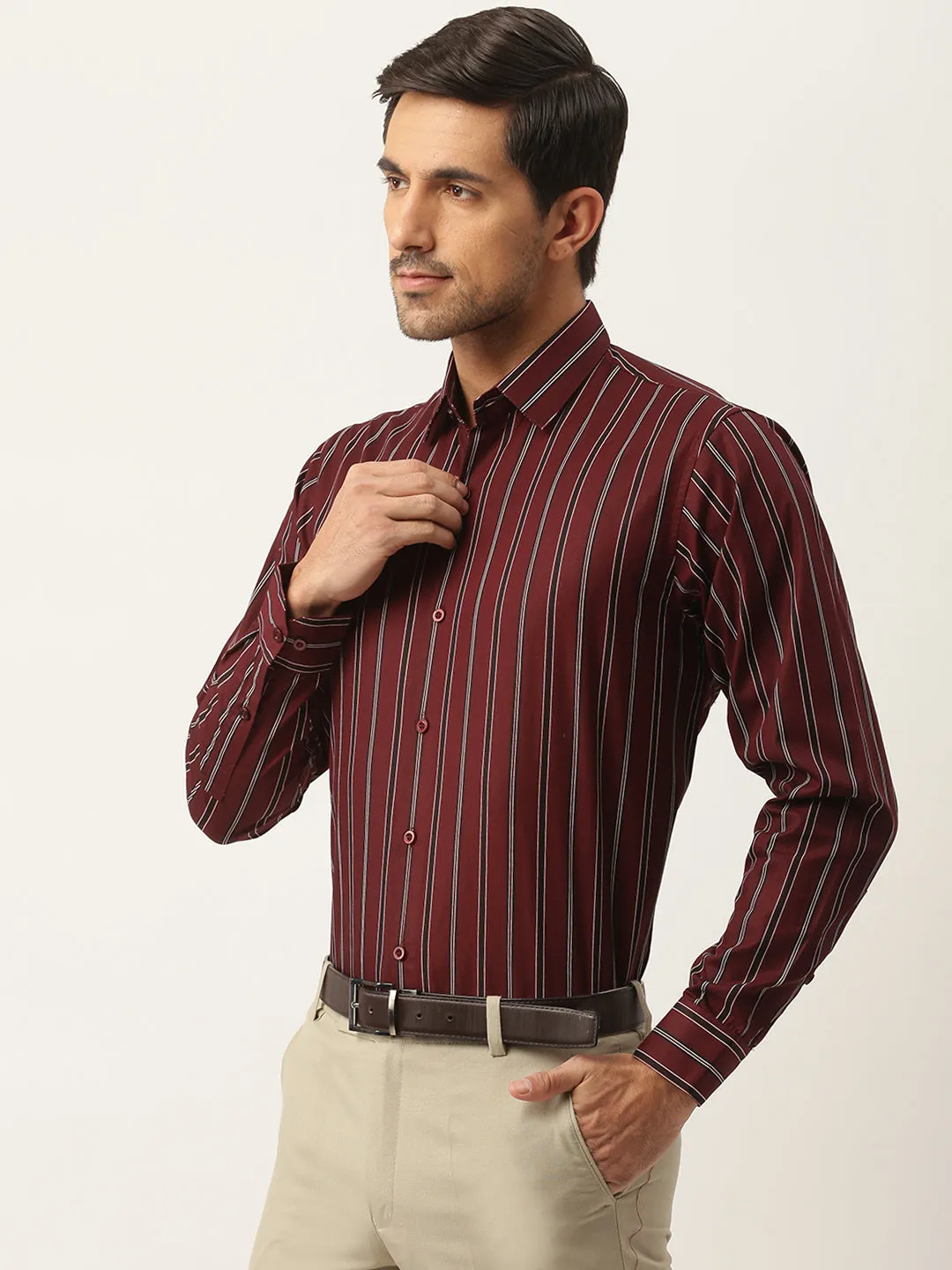 Mens Cotton Maroon & Black Stripe Formal Shirt - Sojanya