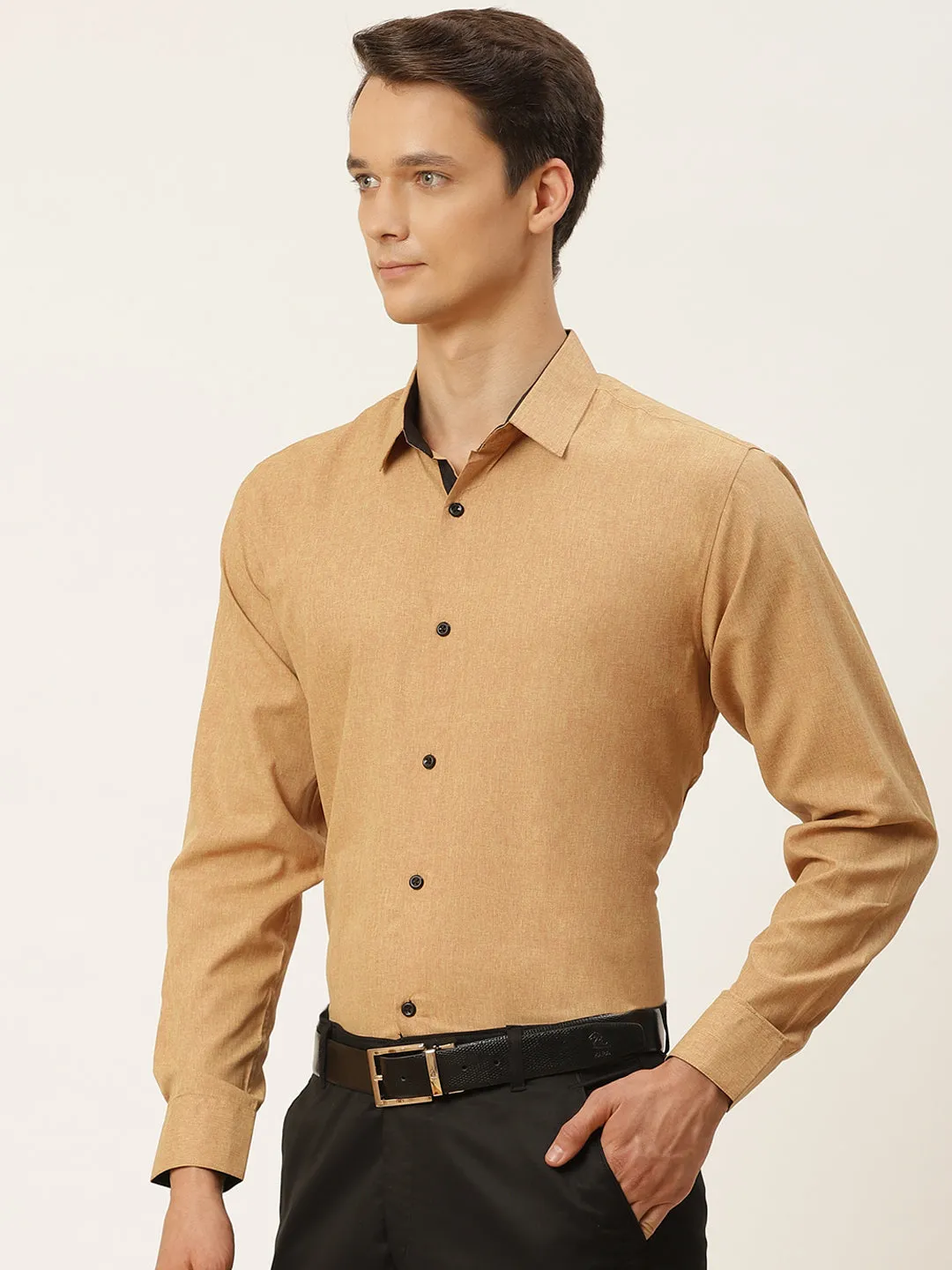 Men's Cotton Metallic Gold Solid Formal Shirt - Sojanya