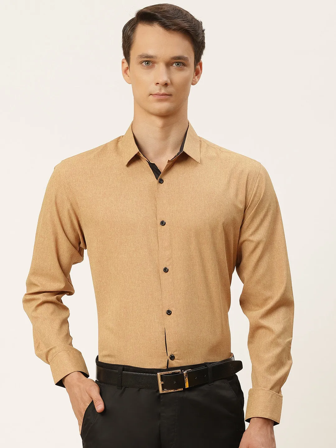 Men's Cotton Metallic Gold Solid Formal Shirt - Sojanya