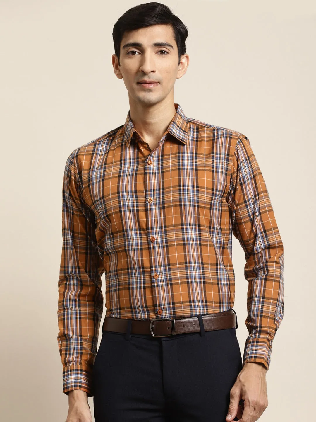 Men's Cotton Mustard & Blue Check Formal Shirt - Sojanya