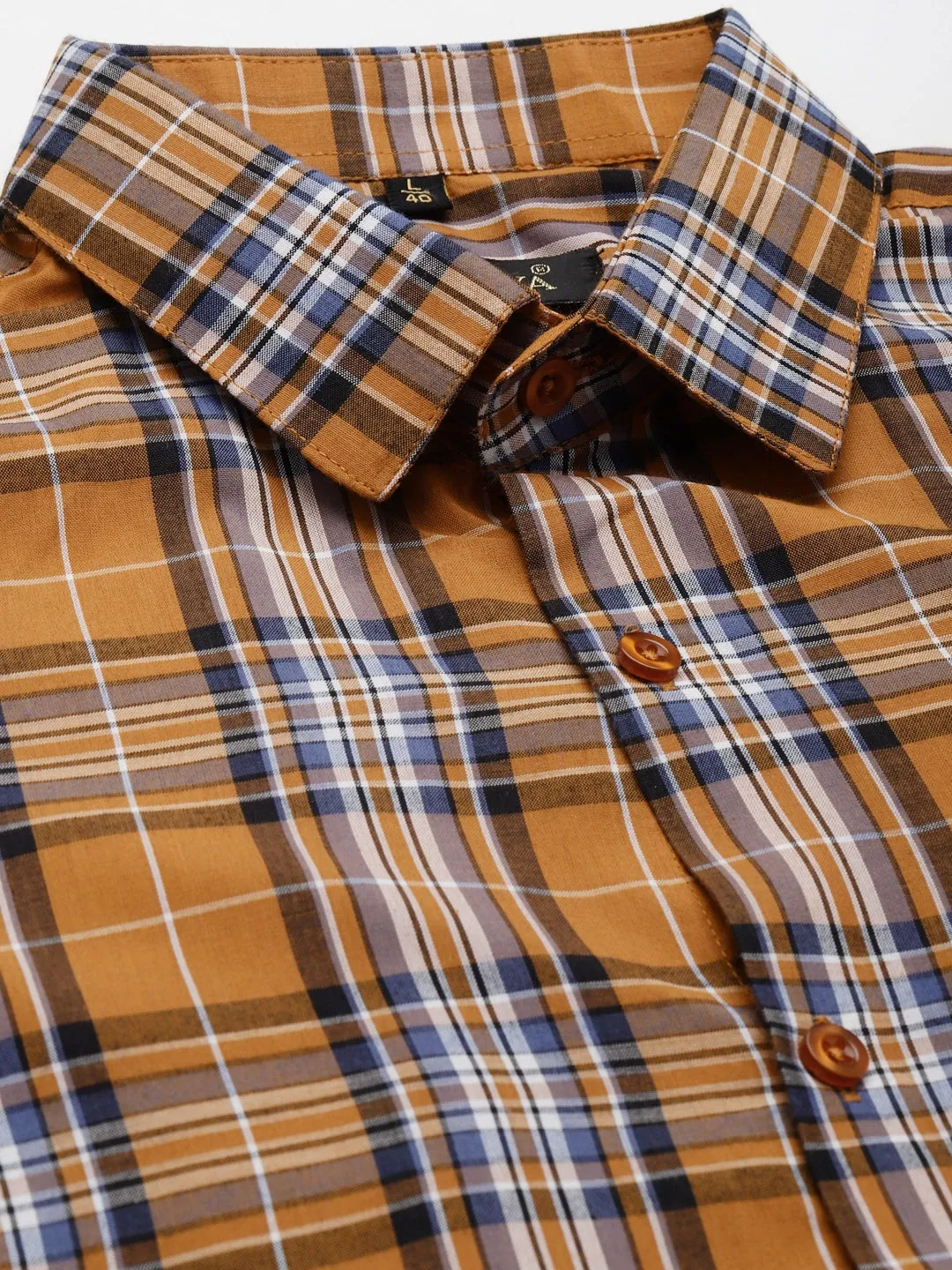 Men's Cotton Mustard & Blue Check Formal Shirt - Sojanya