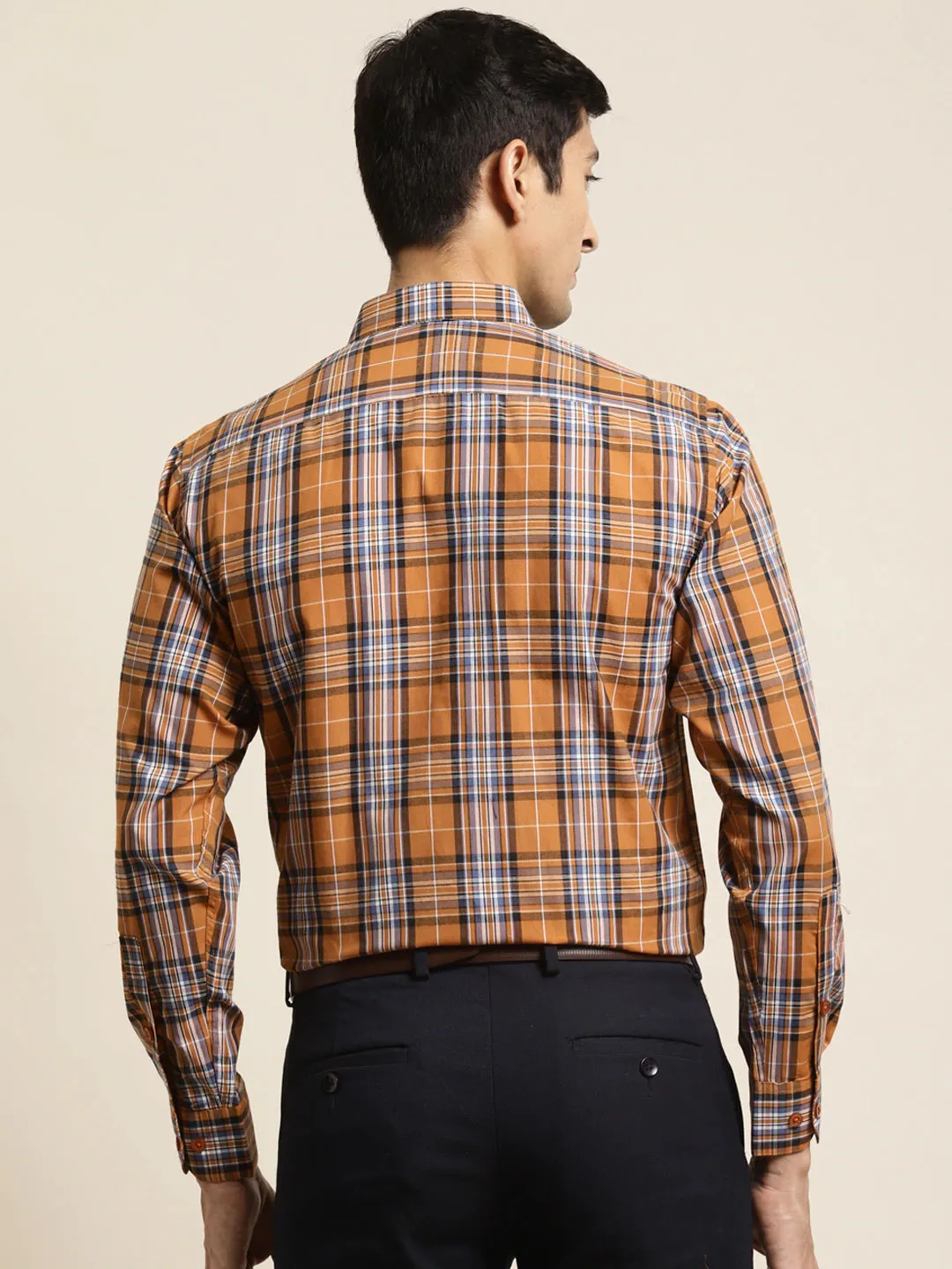 Men's Cotton Mustard & Blue Check Formal Shirt - Sojanya