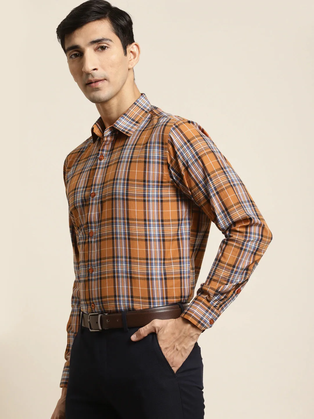 Men's Cotton Mustard & Blue Check Formal Shirt - Sojanya