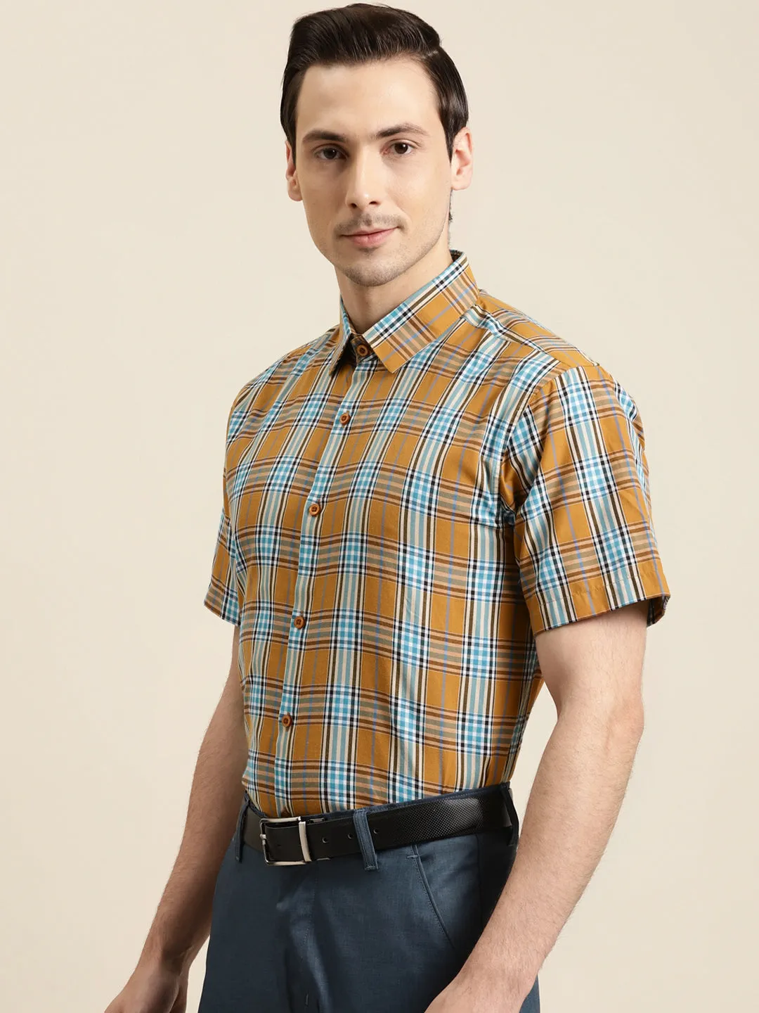 Men's Cotton Mustard & Light peacock Formal Shirt - Sojanya