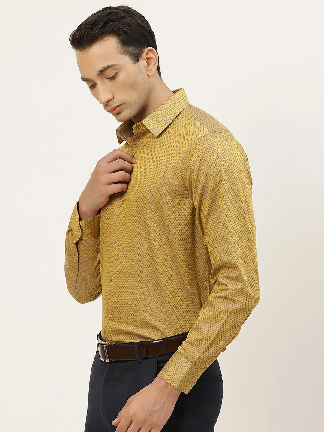 Mens Cotton Mustard & Navy Blue Self Design Formal Shirt - Sojanya