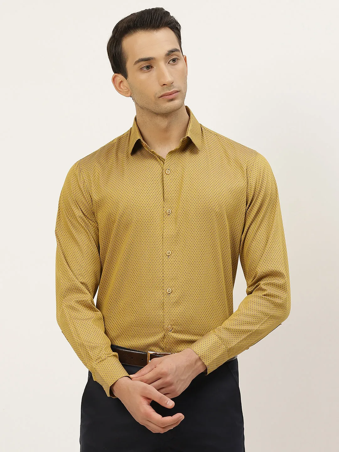 Mens Cotton Mustard & Navy Blue Self Design Formal Shirt - Sojanya