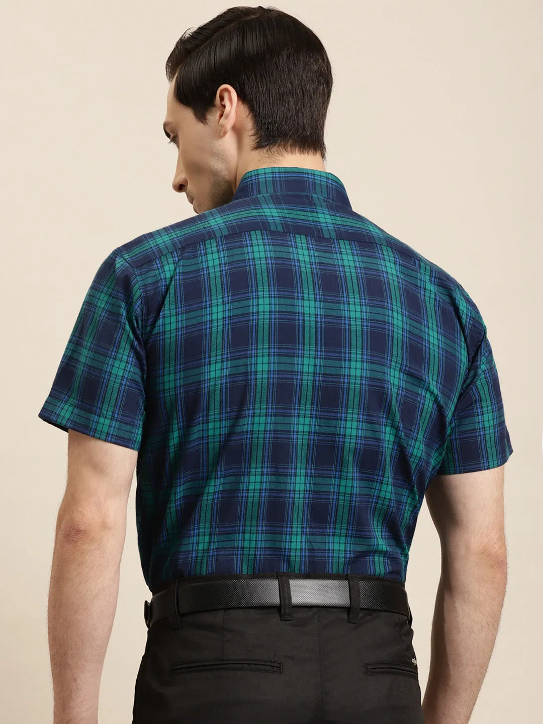 Men's Cotton Navy & Green Formal Shirt - Sojanya