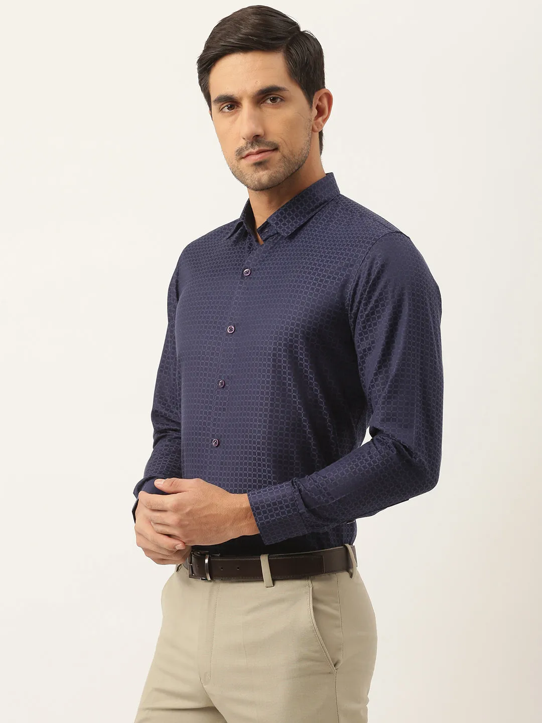 Men's Cotton Navy Blue Checked Formal Shirt - Sojanya