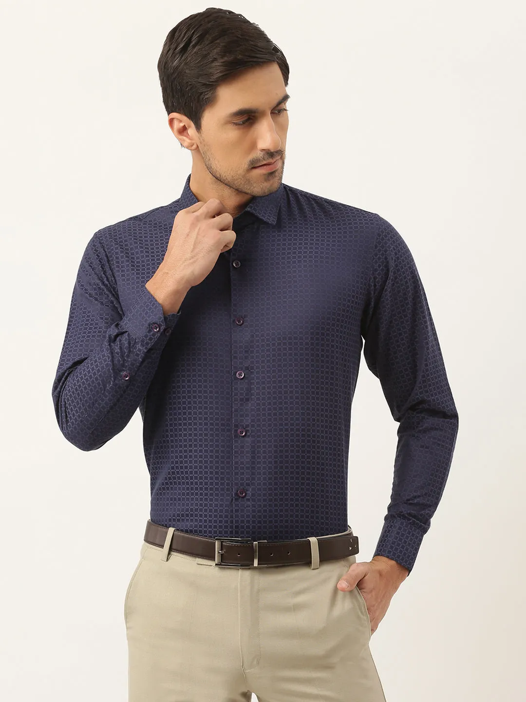 Men's Cotton Navy Blue Checked Formal Shirt - Sojanya