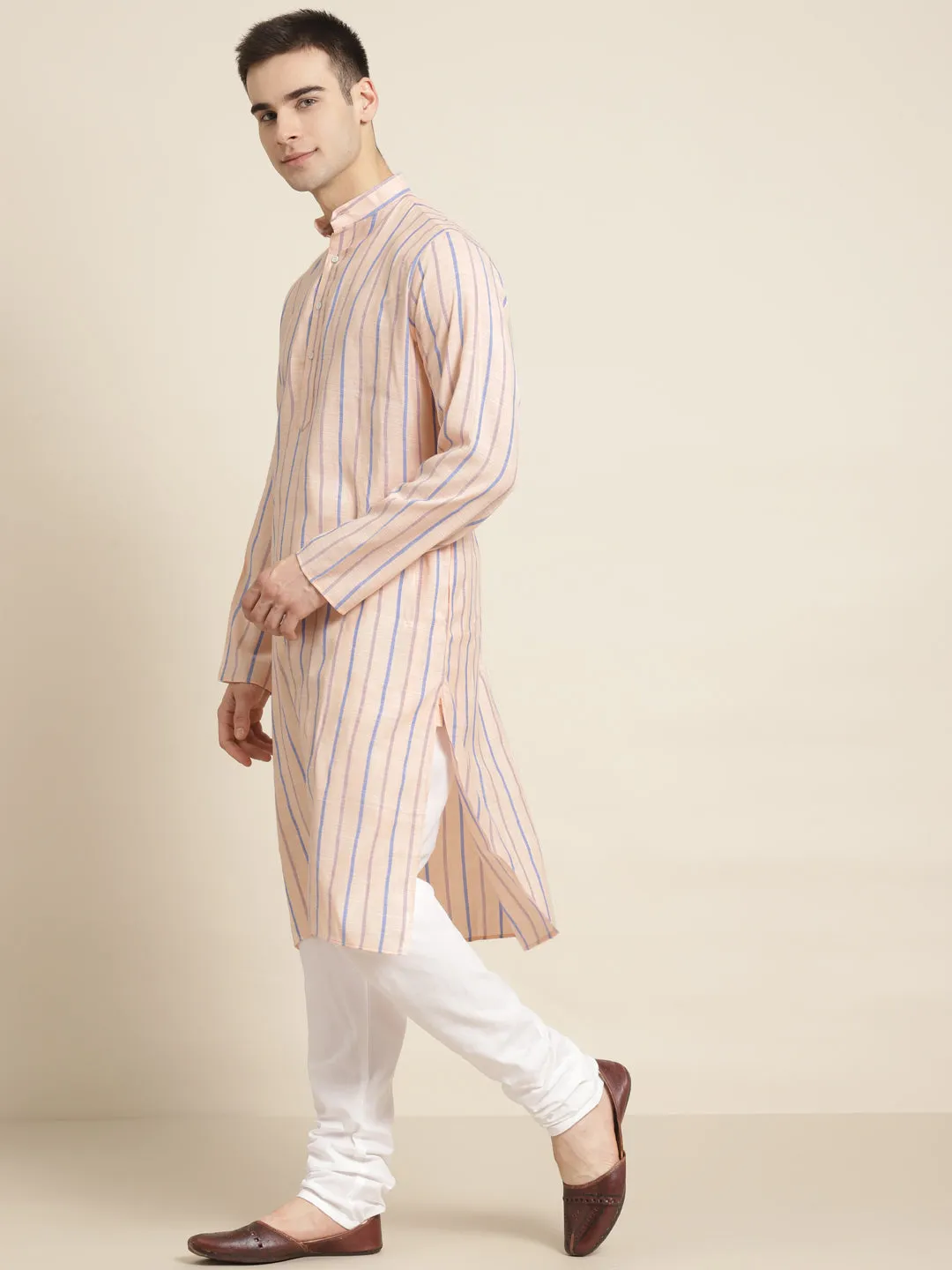 Men's Cotton Peach Orange Kurta & White Churidar Pyjama Set - Sojanya