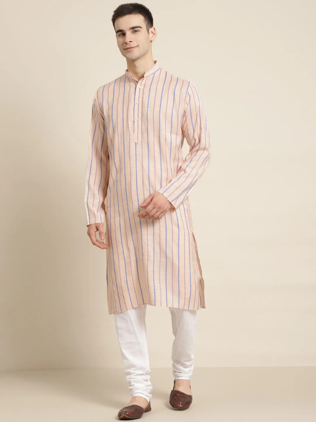 Men's Cotton Peach Orange Kurta & White Churidar Pyjama Set - Sojanya