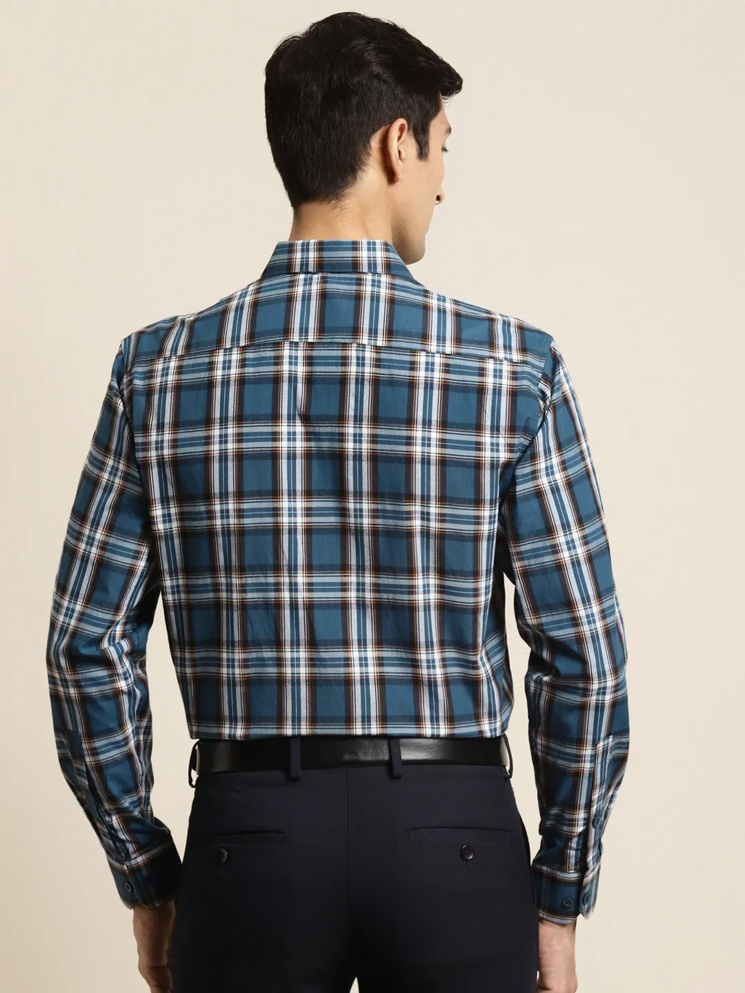 Men's Cotton Peacock & White Check Formal Shirt - Sojanya