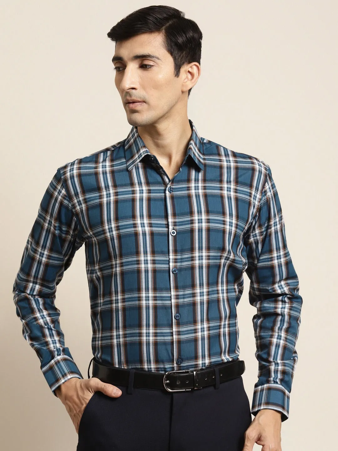 Men's Cotton Peacock & White Check Formal Shirt - Sojanya