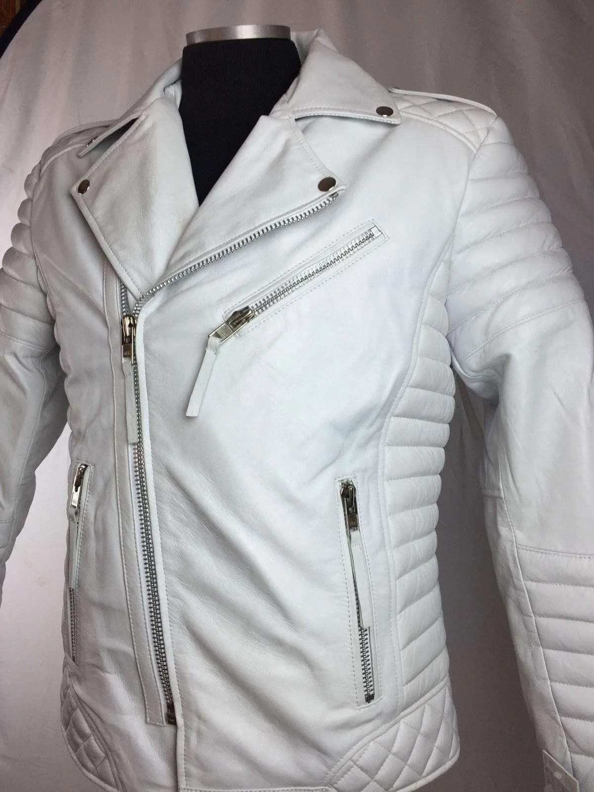 Men's Genuine Lambskin Leather Biker Jacket Motorcycle Style White Color Jacket