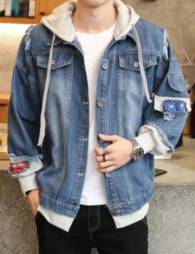 Mens Hooded Layered Look Denim Jean Jacket