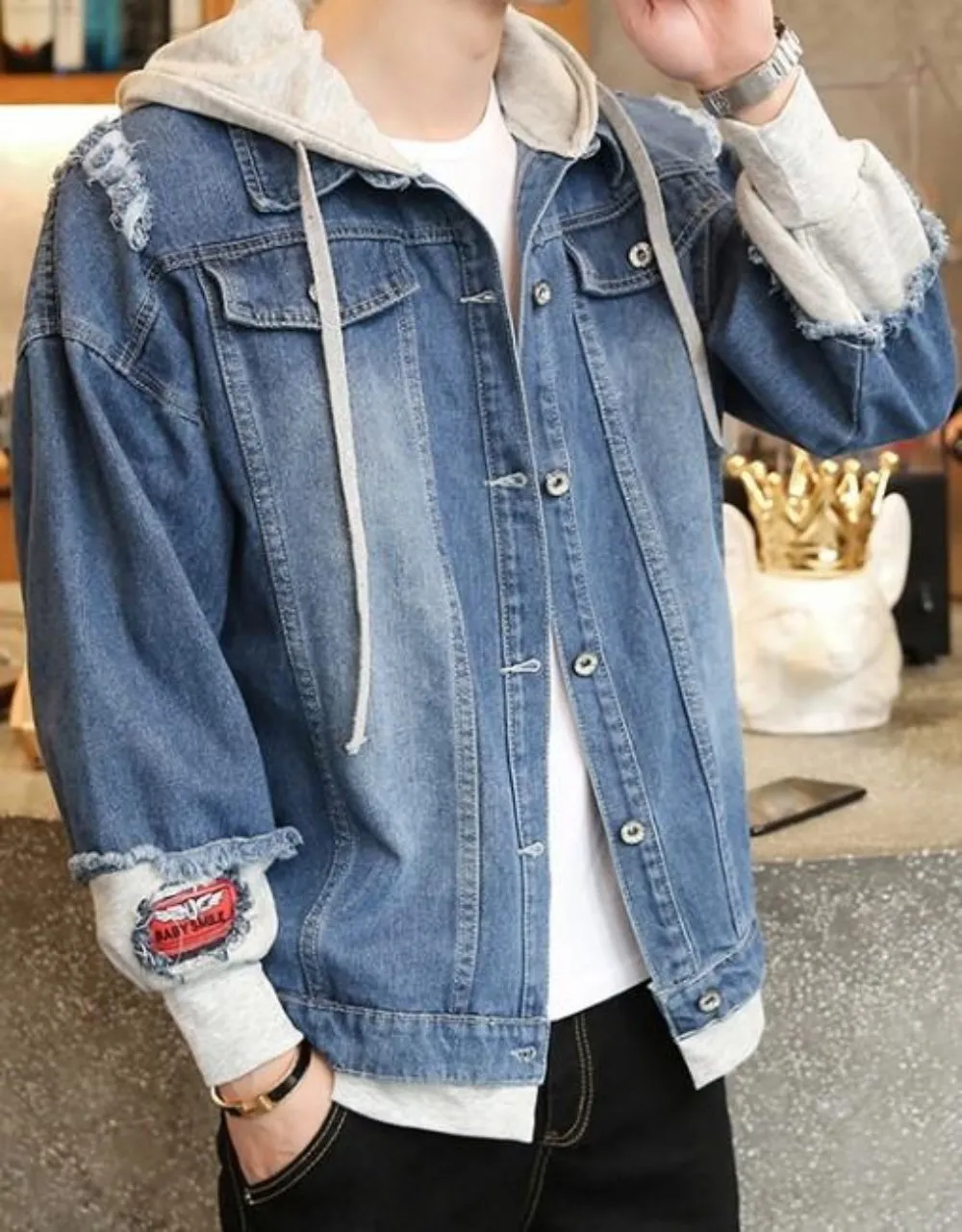 Mens Hooded Layered Look Denim Jean Jacket