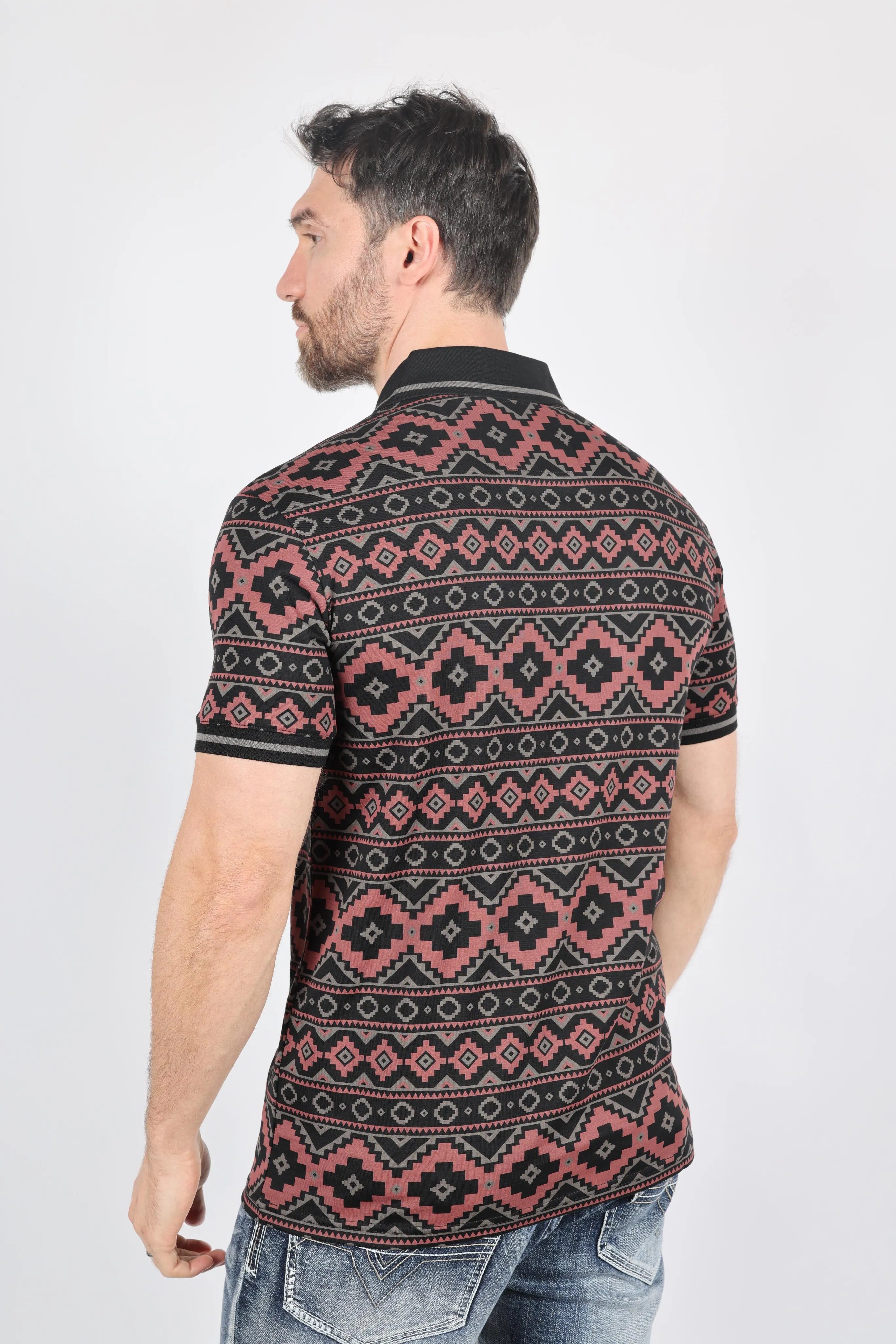 Mens Modern Fit Stretch Cotton Polo with Aztec Print