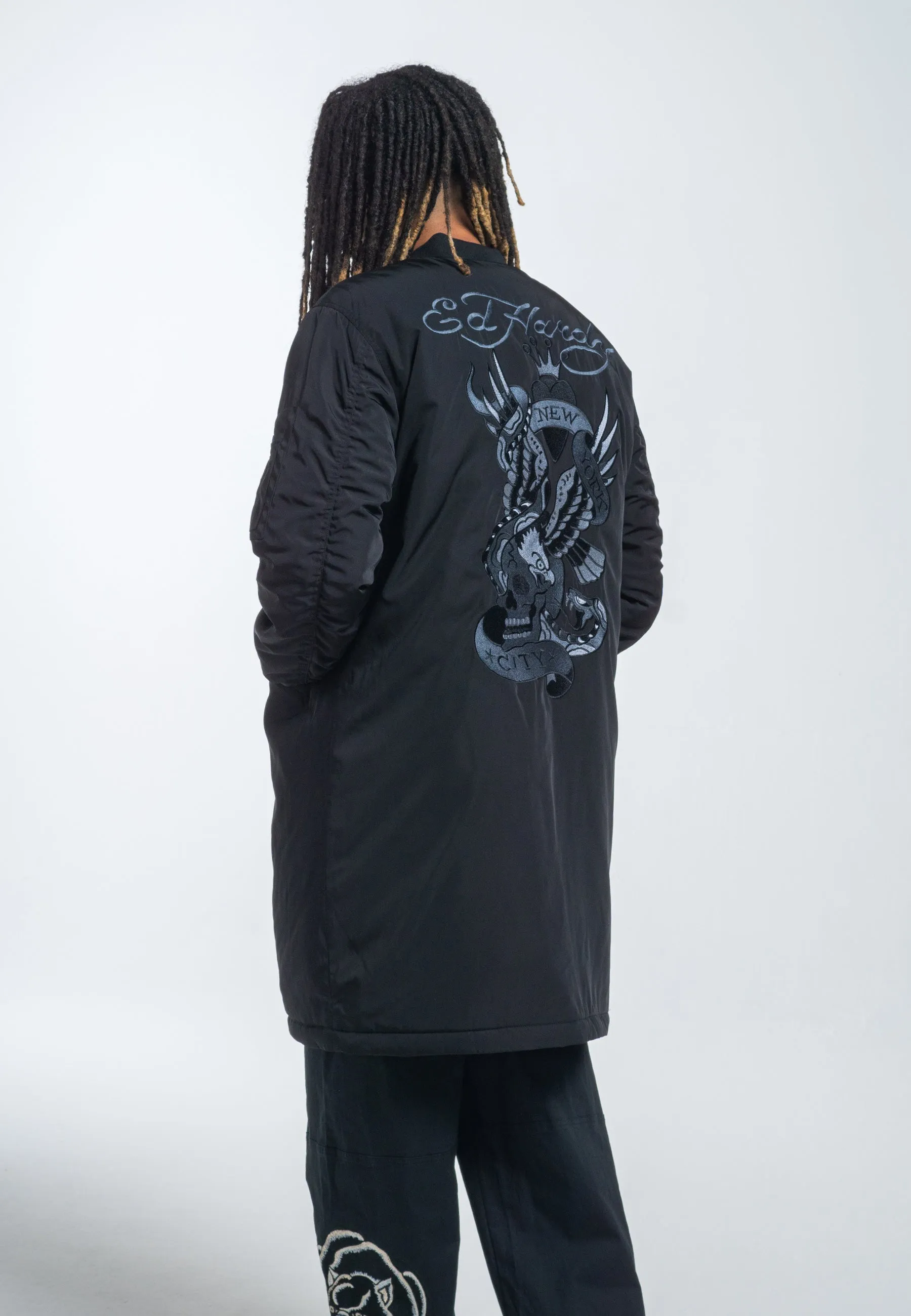 Mens Nyc Skull Longline Bomber Jacket - Black