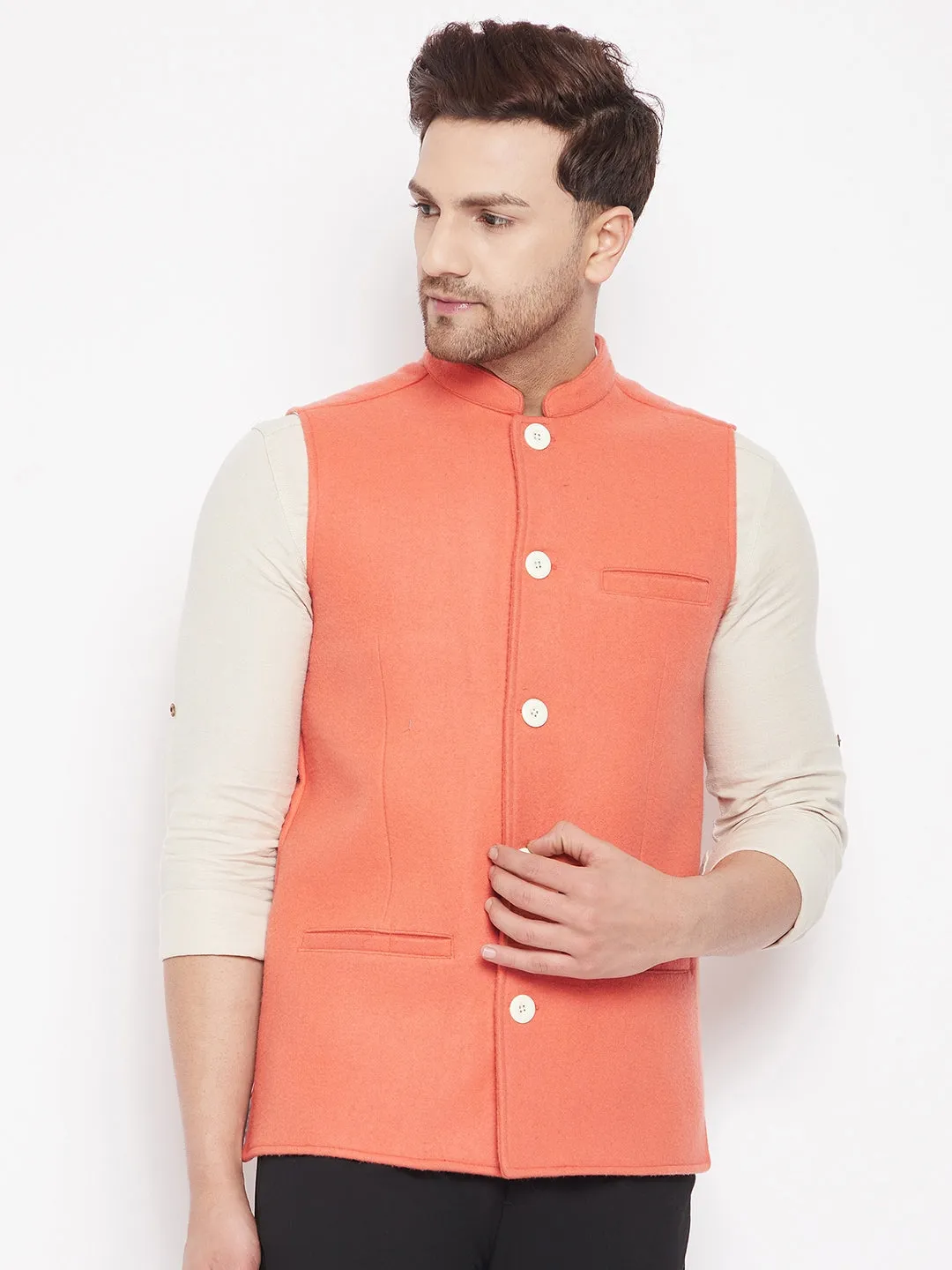 Men's Orange Color Woven Nehru Jacket - Even Apparels