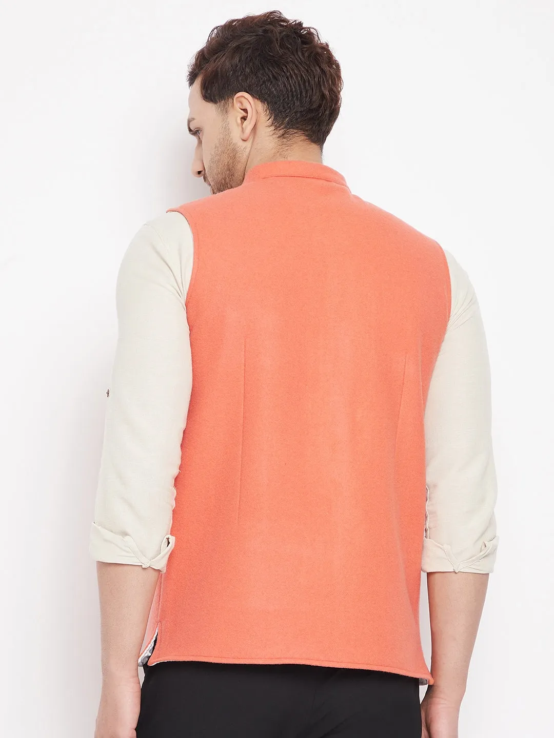 Men's Orange Color Woven Nehru Jacket - Even Apparels