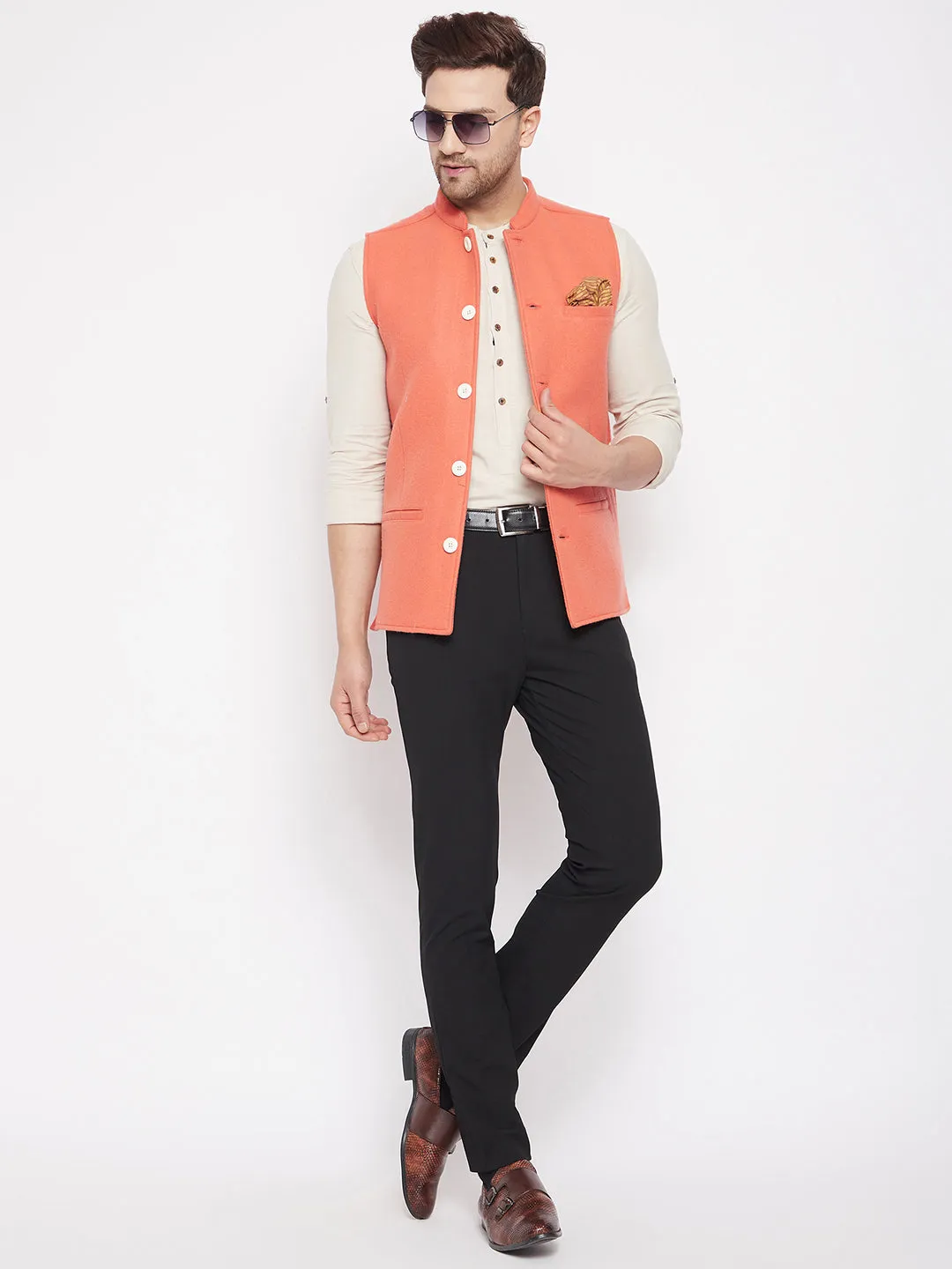 Men's Orange Color Woven Nehru Jacket - Even Apparels