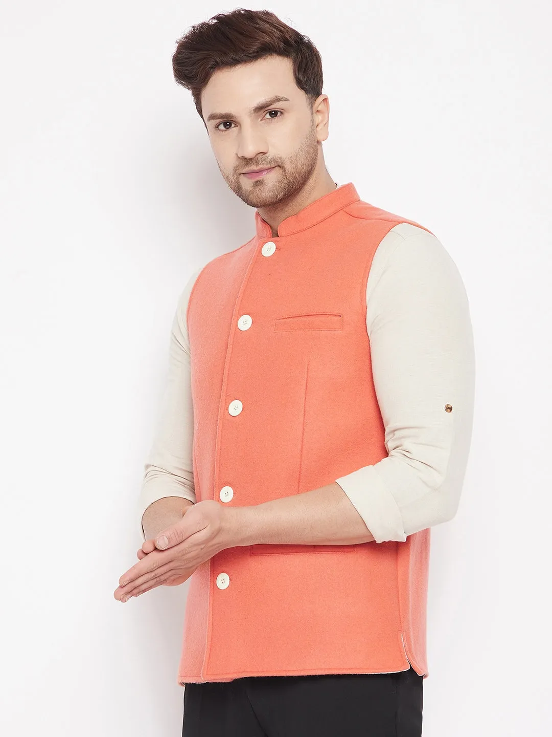 Men's Orange Color Woven Nehru Jacket - Even Apparels