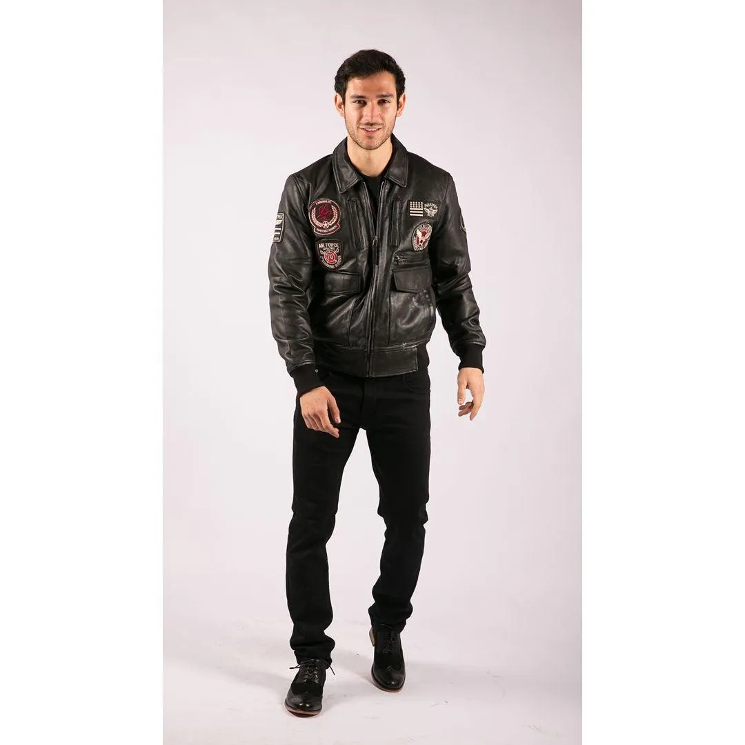 Mens Real Leather Black Bomber Badge Air Force Pilot Flying Jacket