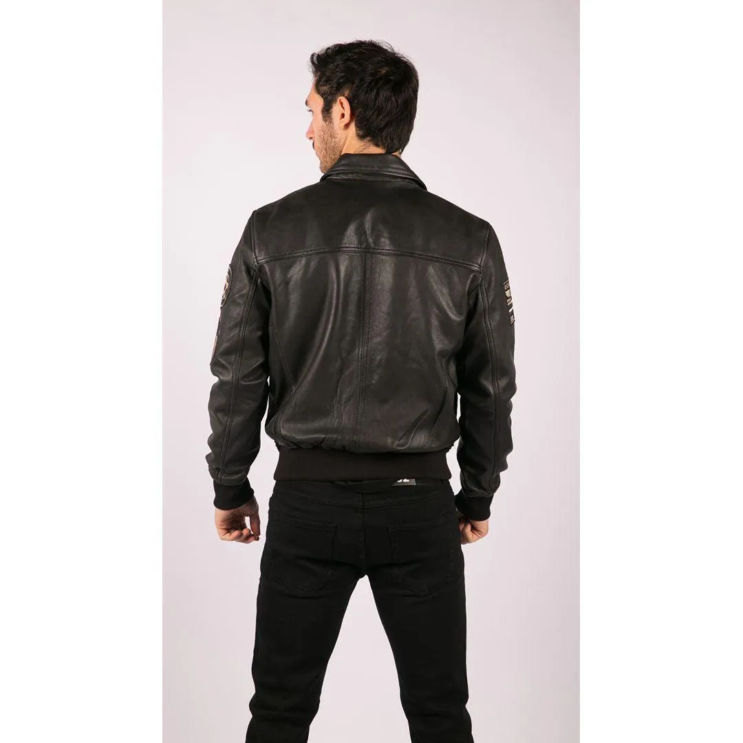 Mens Real Leather Black Bomber Badge Air Force Pilot Flying Jacket