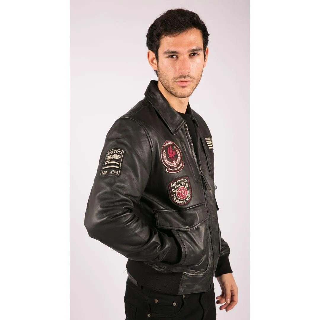 Mens Real Leather Black Bomber Badge Air Force Pilot Flying Jacket