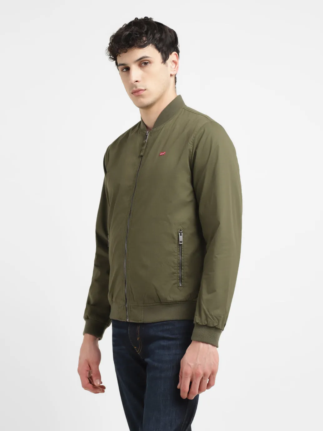 Men's Solid Green Collar Neck Bomber Jacket