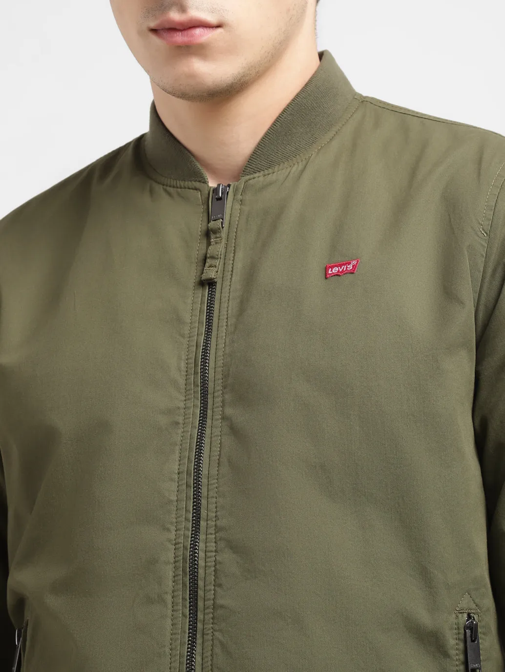 Men's Solid Green Collar Neck Bomber Jacket