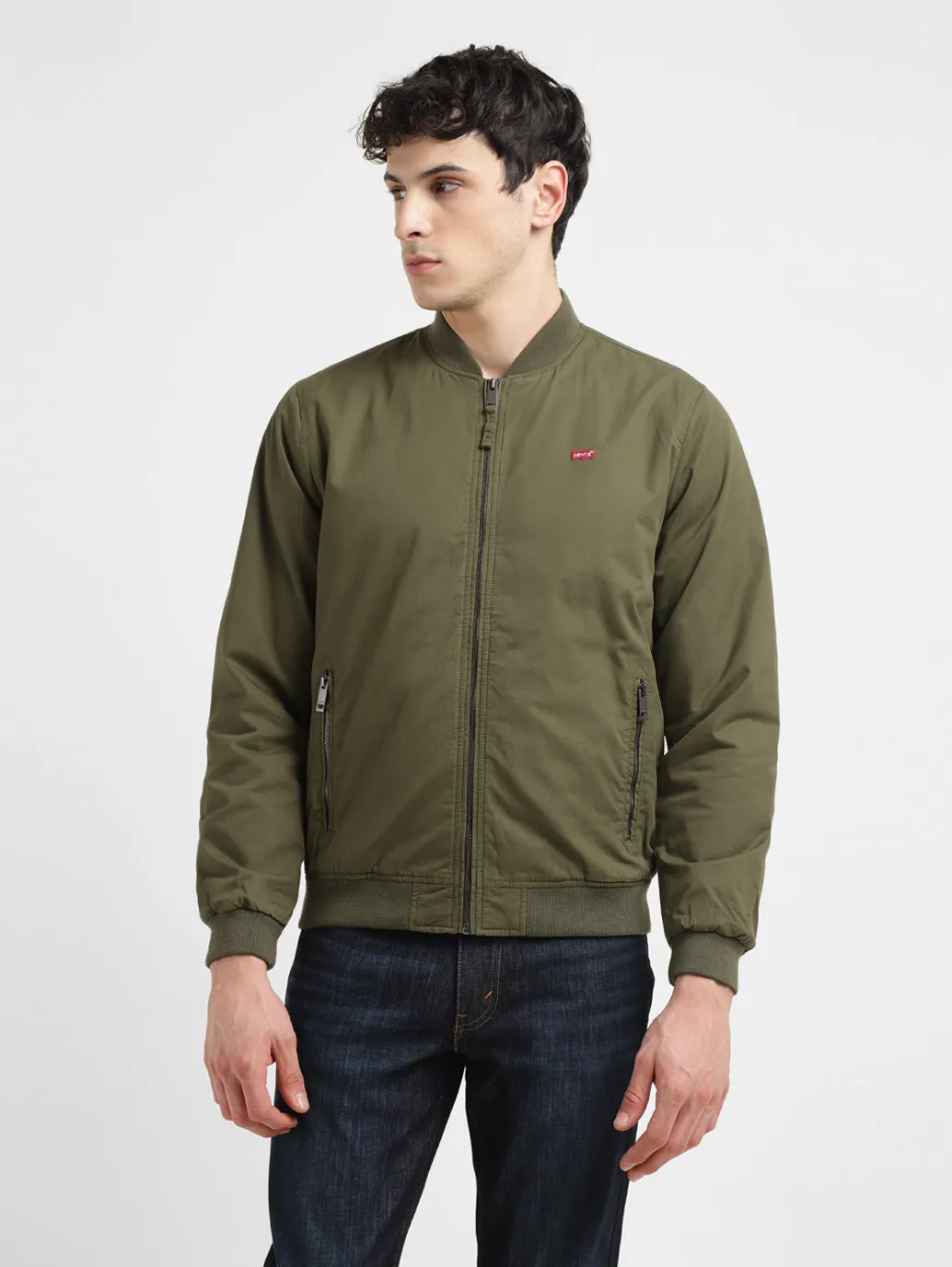 Men's Solid Green Collar Neck Bomber Jacket