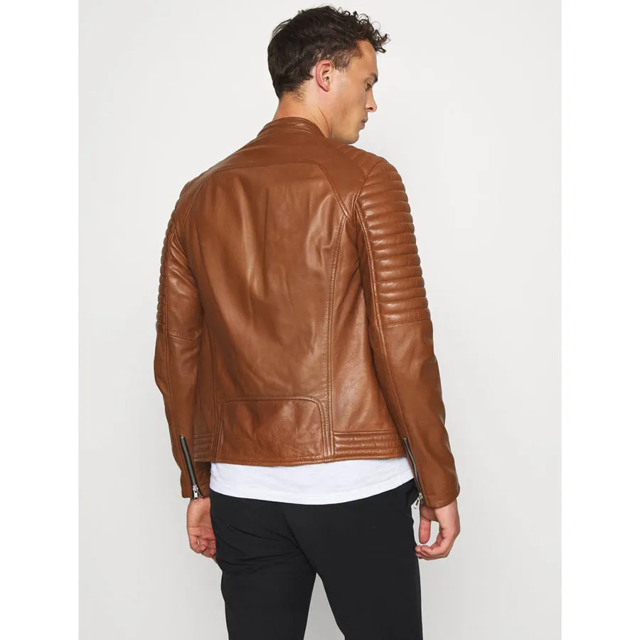 Mens Tan Brown Leather Biker Jacket